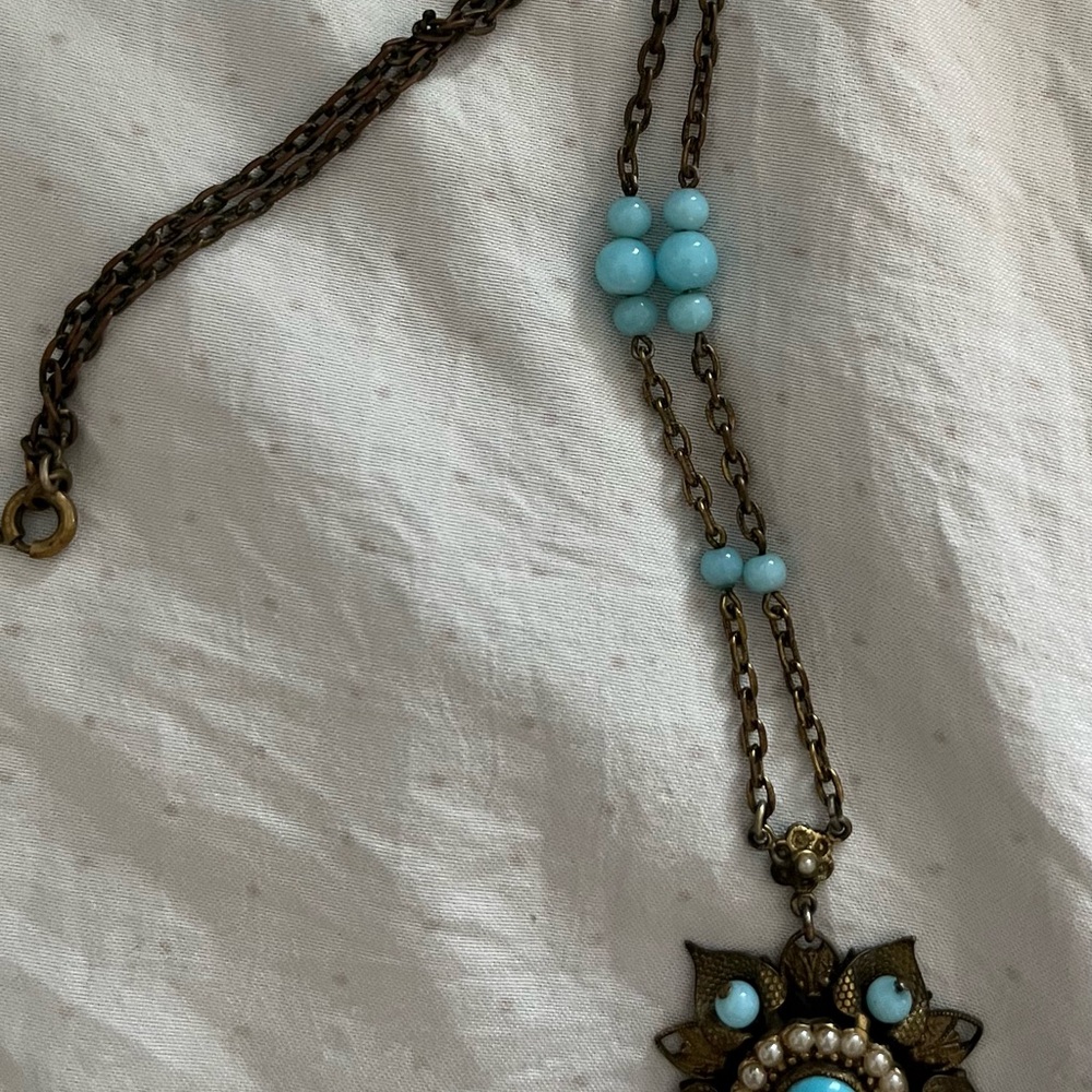Vintage Blue and Brass Pendant Necklace